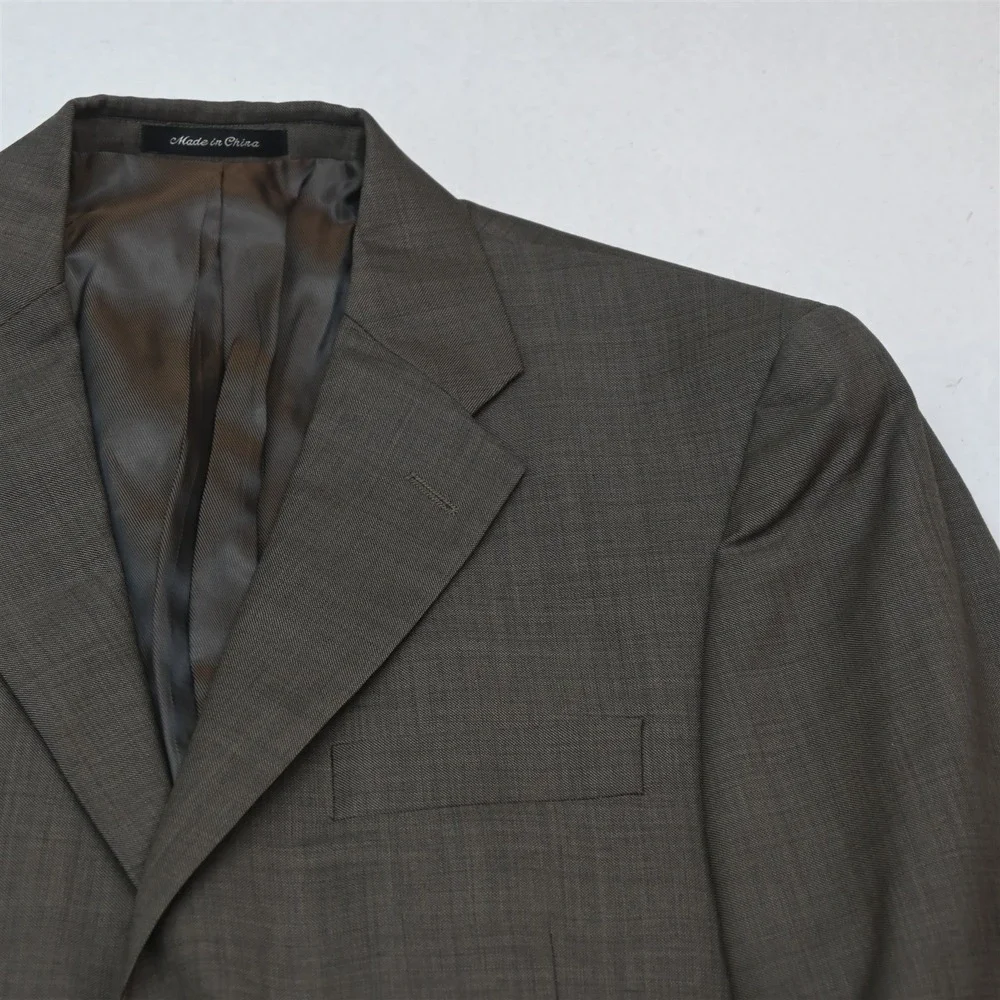 Vty Y2K 2000s Boxy 38R 32x30 Brown Sharkskin 100% Wool Mens Jacket Pants Suit
